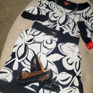 SIGNATURE By Sangria XL NWT Black White Tunic Shift Dress Bell Sleeve Floral